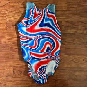Little Girl’s Garland Gymnastics Swirl Blue White & Red Leotard Size Child M